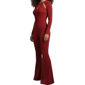 Symphony Red Glitter Cutout Long-Sleeve Jumpsuit Women’s Size M | Party|Holiday